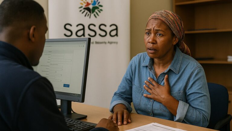 SASSA representative assisting beneficiary to update contact details after lost phone number at local SASSA office, Update Your Phone Number or Miss SASSA Grant in June 2025